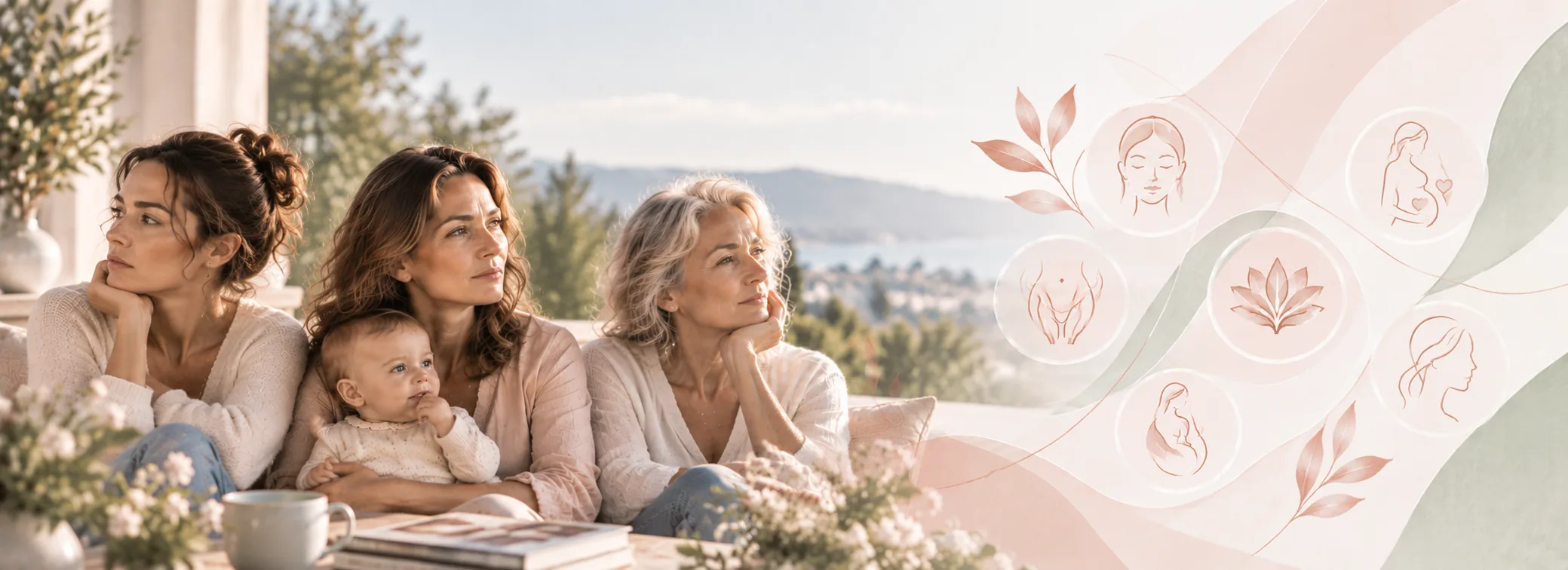 Trois générations de femmes dans un moment de réflexion, évoquant la diversité des préoccupations de santé intime